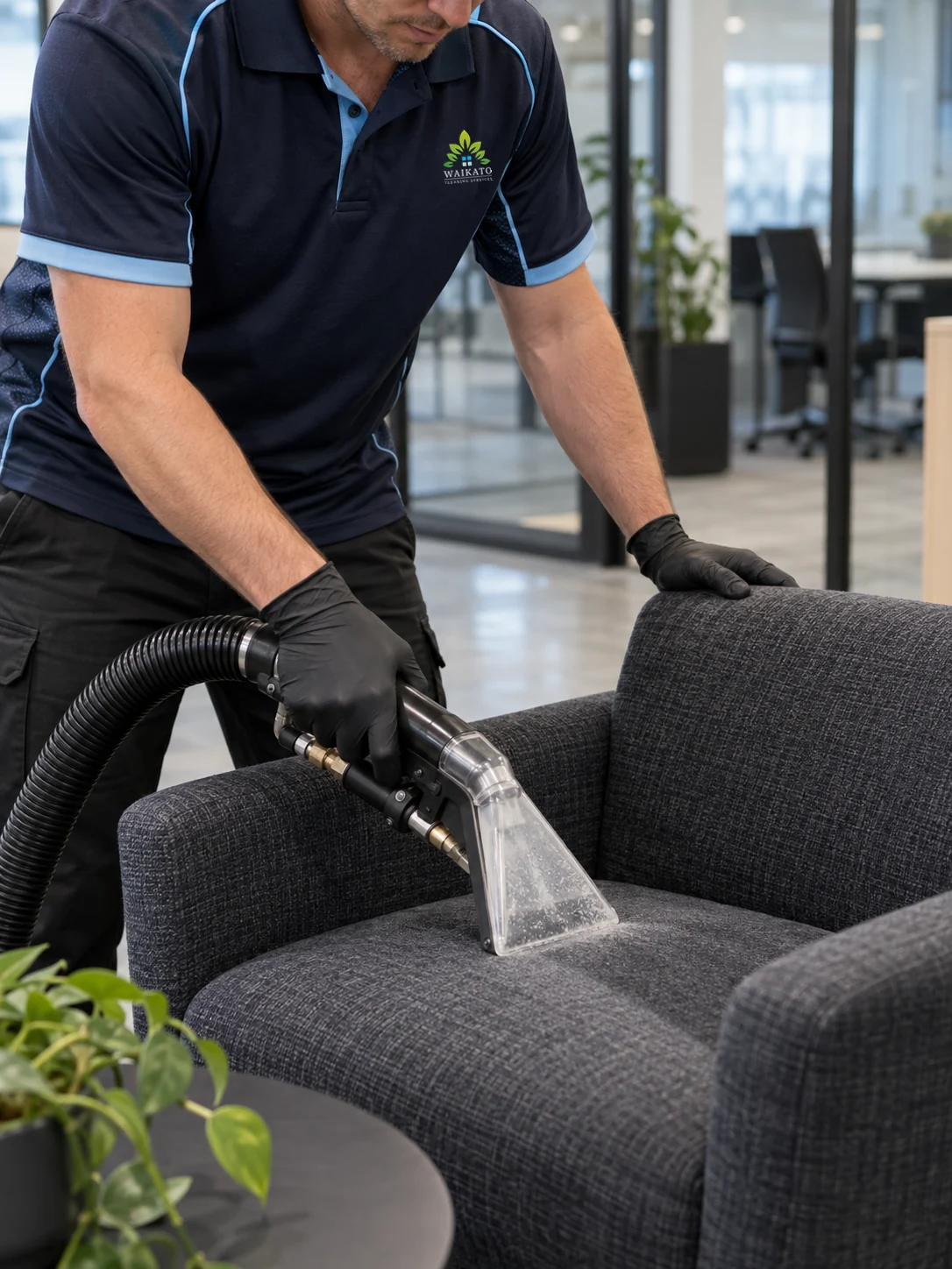 Waikato Cleaning technician using an extractor on a fabric office chair