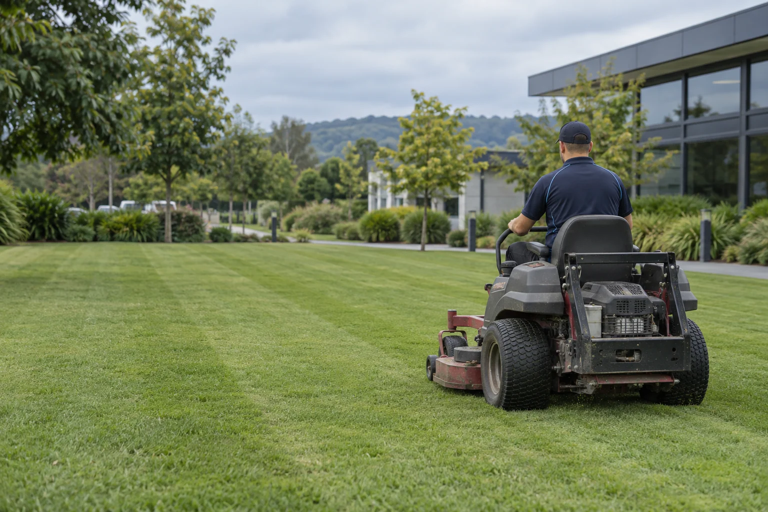 Cleaner operating a ride-on mower on commercial grounds