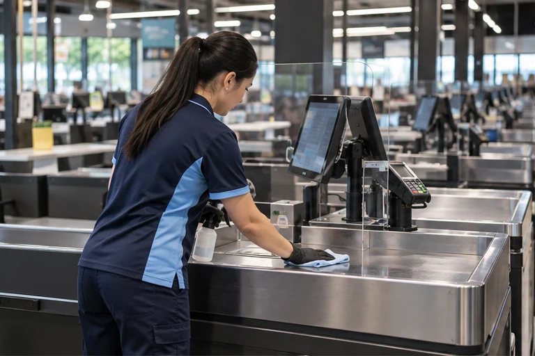 Cleaner wiping a supermarket checkout counter