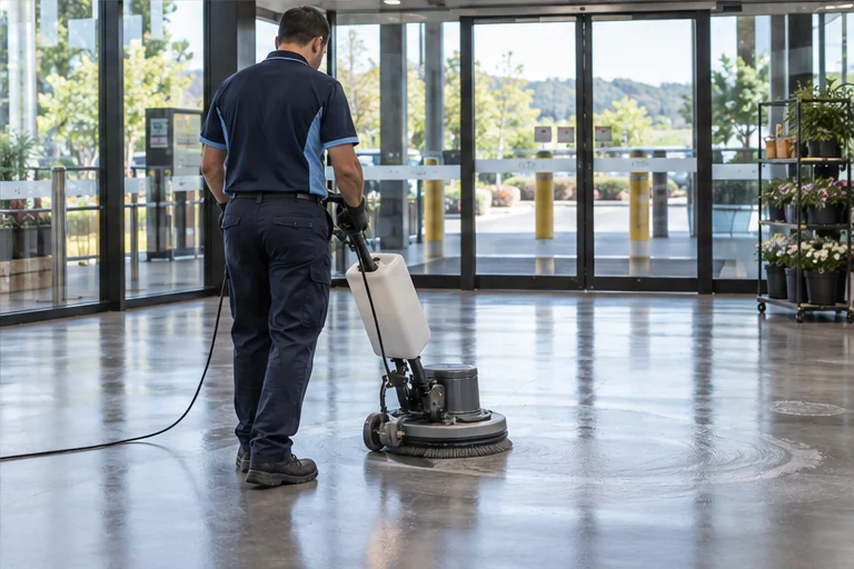 Cleaner using a rotary machine on a retail entrance floor