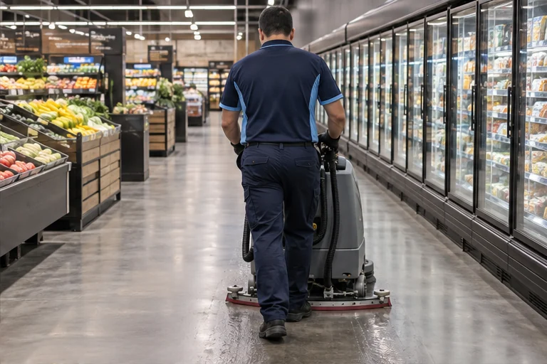 Cleaner operating a scrubber-drier along a supermarket aisle