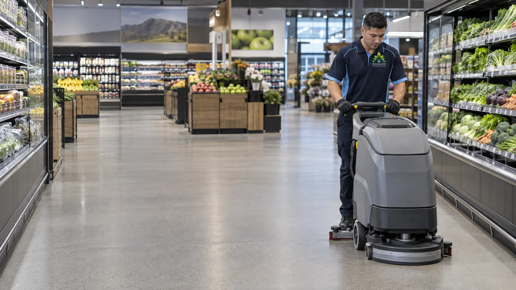 Cleaner operating a scrubber-drier in a supermarket produce aisle