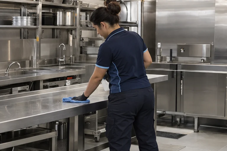 Cleaner wiping an accessible stainless-steel back-of-house surface