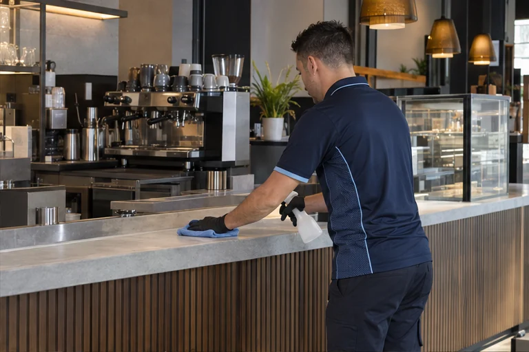 Cleaner wiping the counter in a cafe guest area