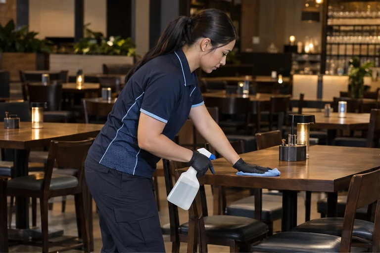 Cleaner wiping a restaurant dining table