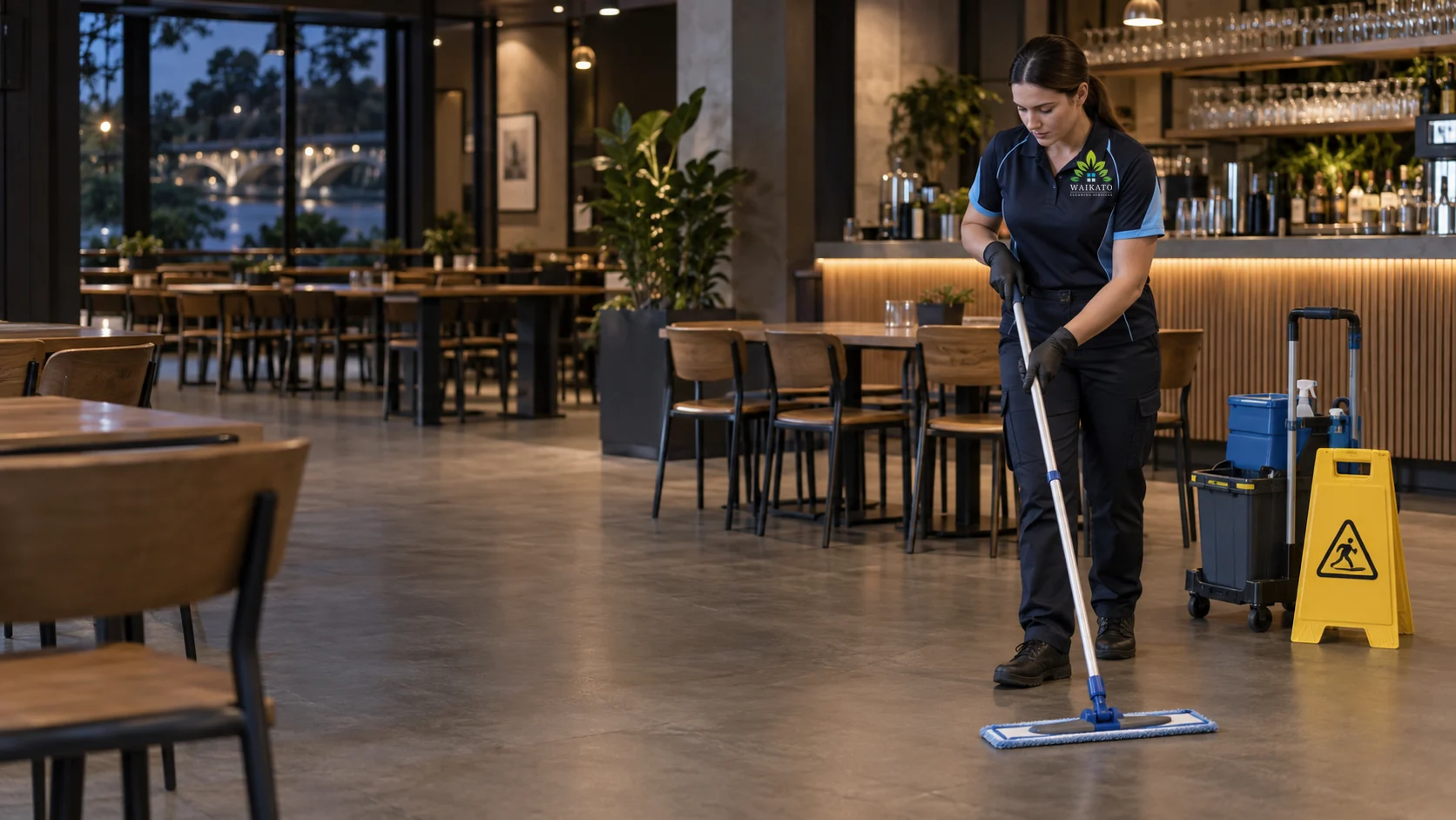 Cleaner mopping a restaurant dining area after service