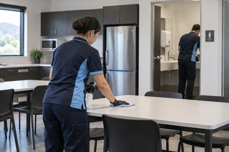 Cleaner wiping a table in a supermarket staff room