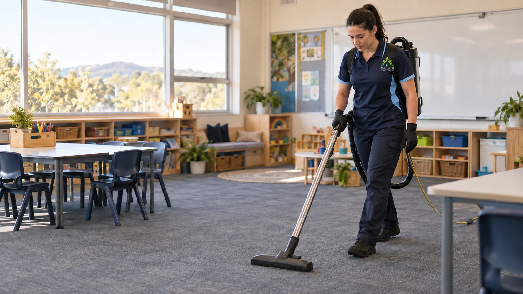Cleaner vacuuming a childcare classroom