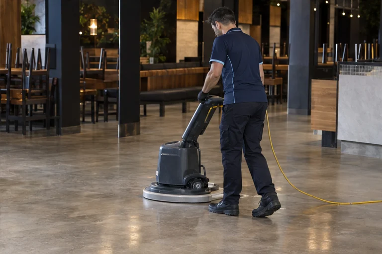 Cleaner operating a floor machine in an empty hospitality venue