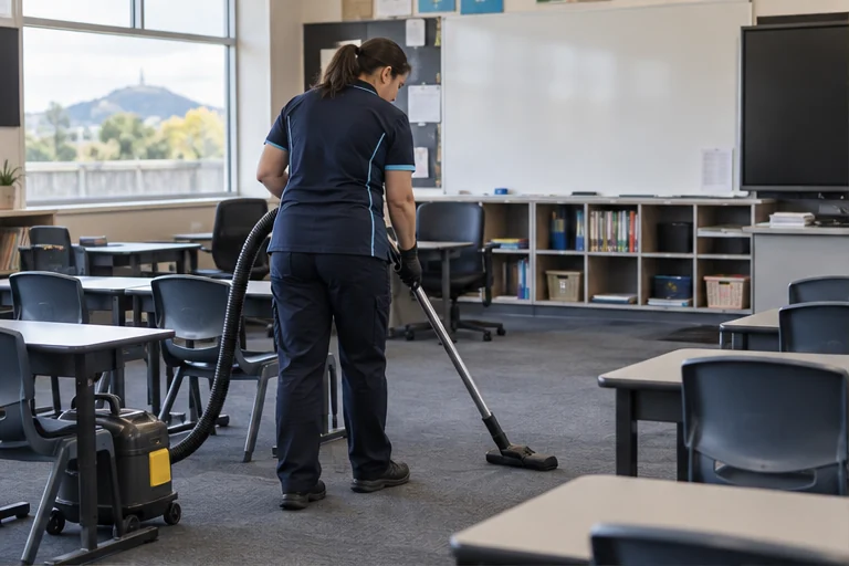 Cleaner vacuuming carpet between classroom desks