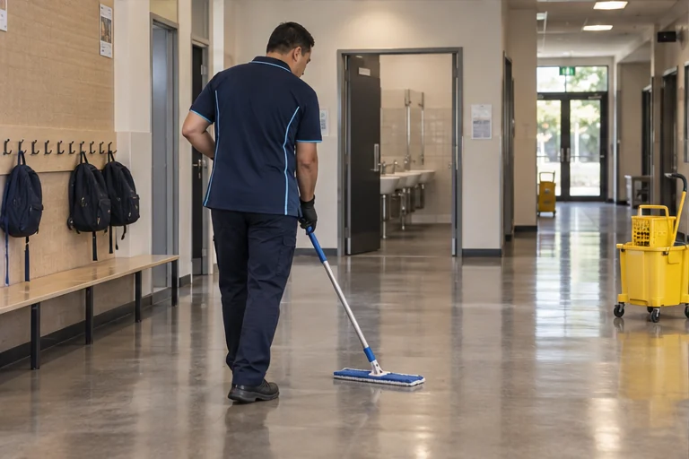 Cleaner mopping a school corridor beside shared facilities