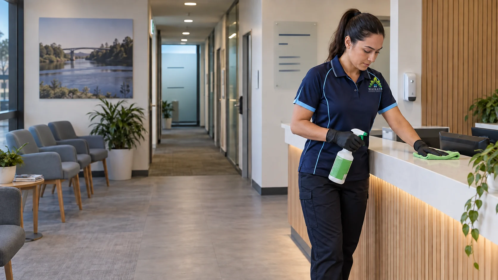 Cleaner wiping a medical reception counter