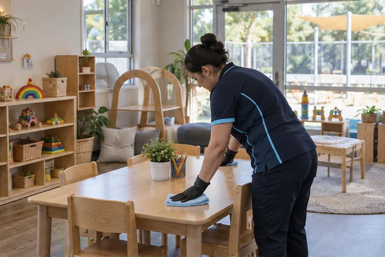 Cleaner wiping a child-height table in an early learning room