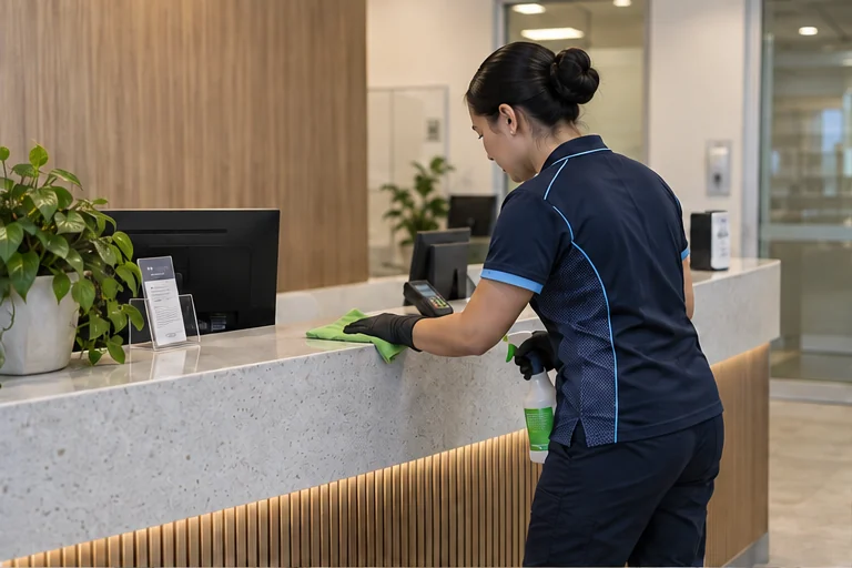 Cleaner wiping the reception counter in a medical centre