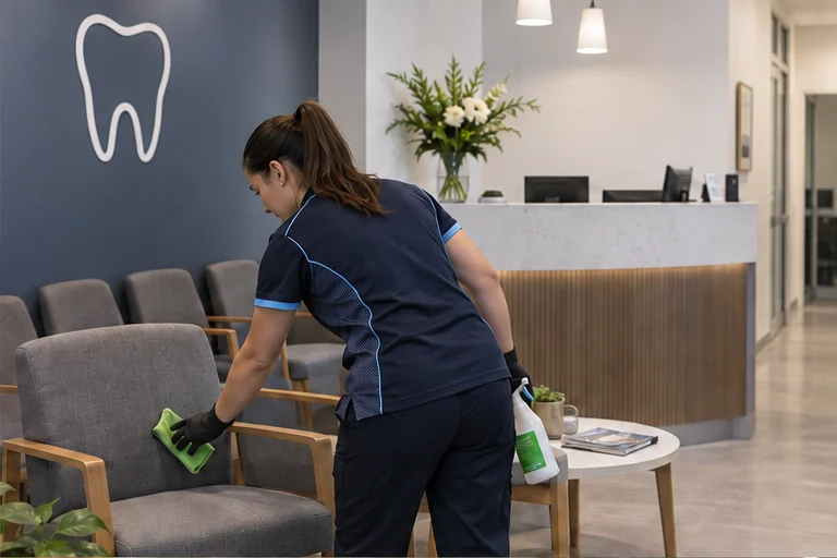 Cleaner wiping seating in a dental-practice waiting area