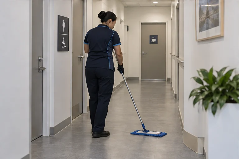 Cleaner mopping an accessible corridor beside shared facilities