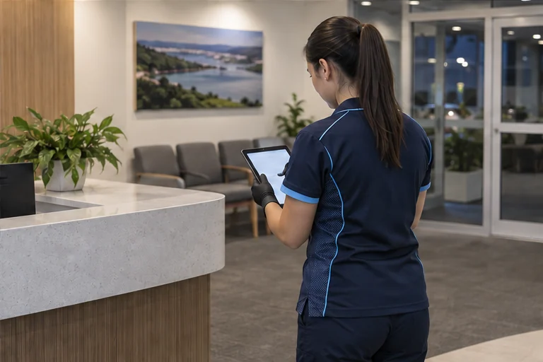 Cleaner recording a completed premises check at reception