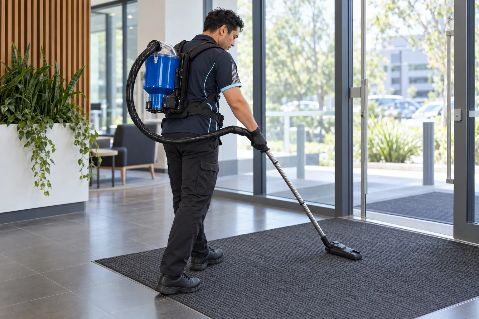 Cleaner mopping a floor beside floor-to-ceiling windows
