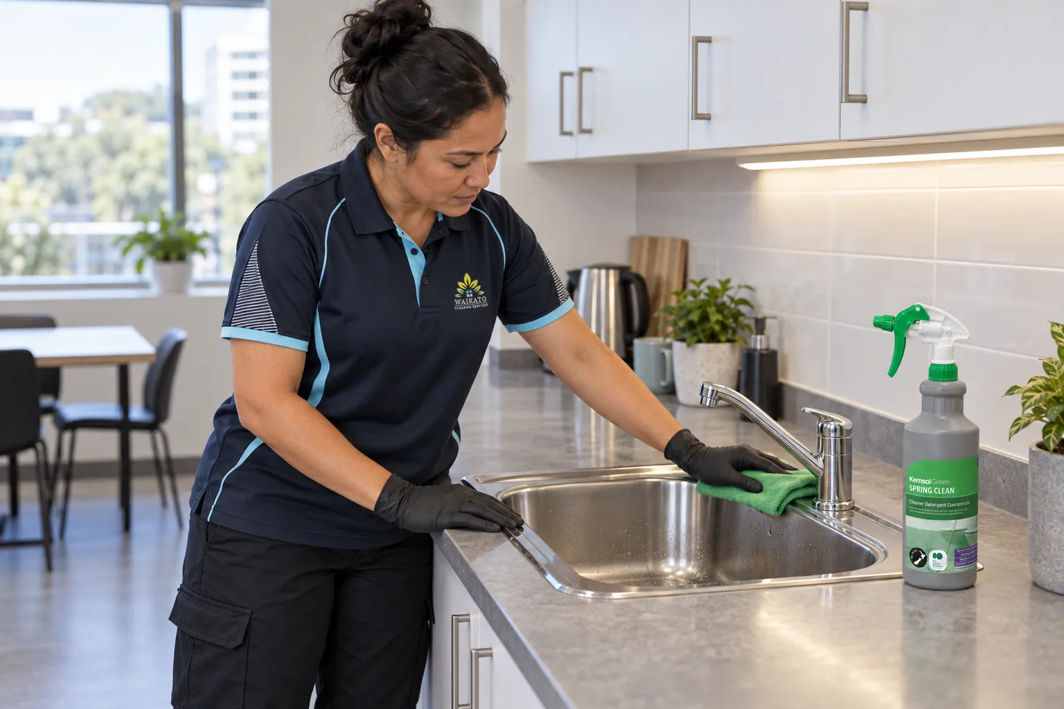 Cleaner wiping a workplace surface while holding a spray bottle