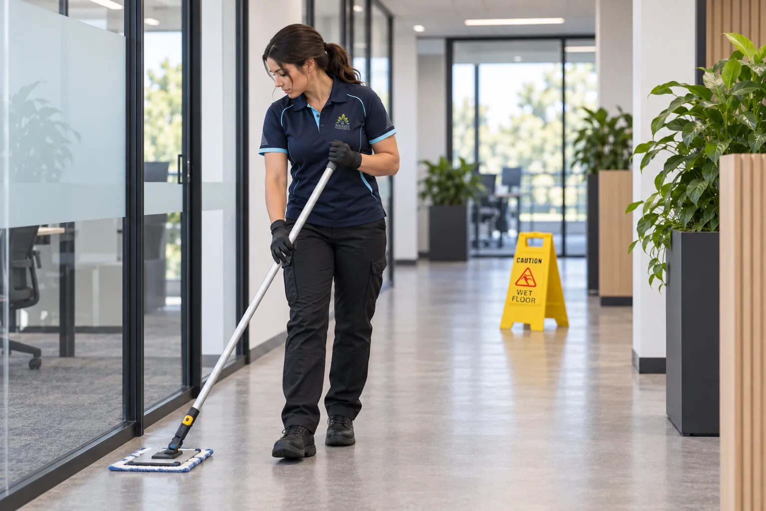 Cleaner flat-mopping an office corridor