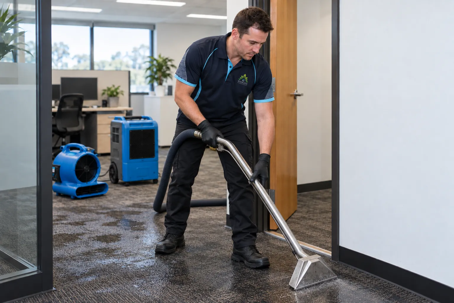 WCS technician extracting water from wet office carpet during flood restoration