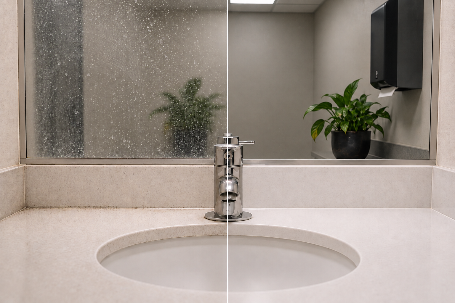 Before-and-after comparison of an office washroom sink and mirror, showing a marked mirror before cleaning and a clear mirror after.