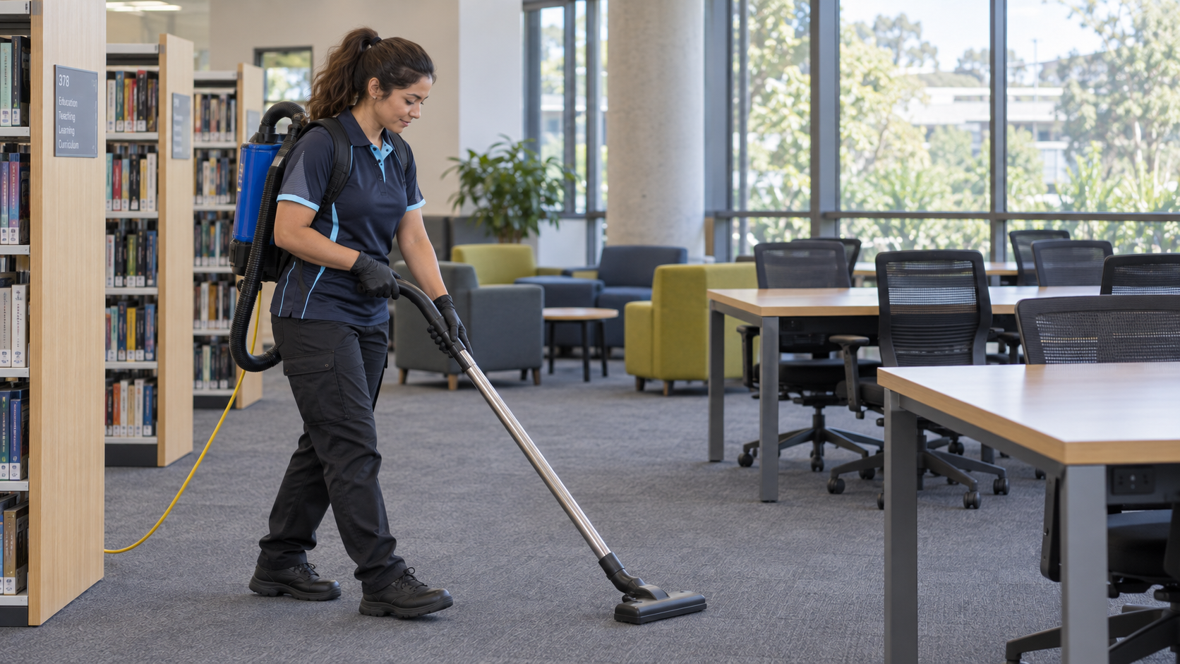 Cleaner vacuuming carpet in a school library