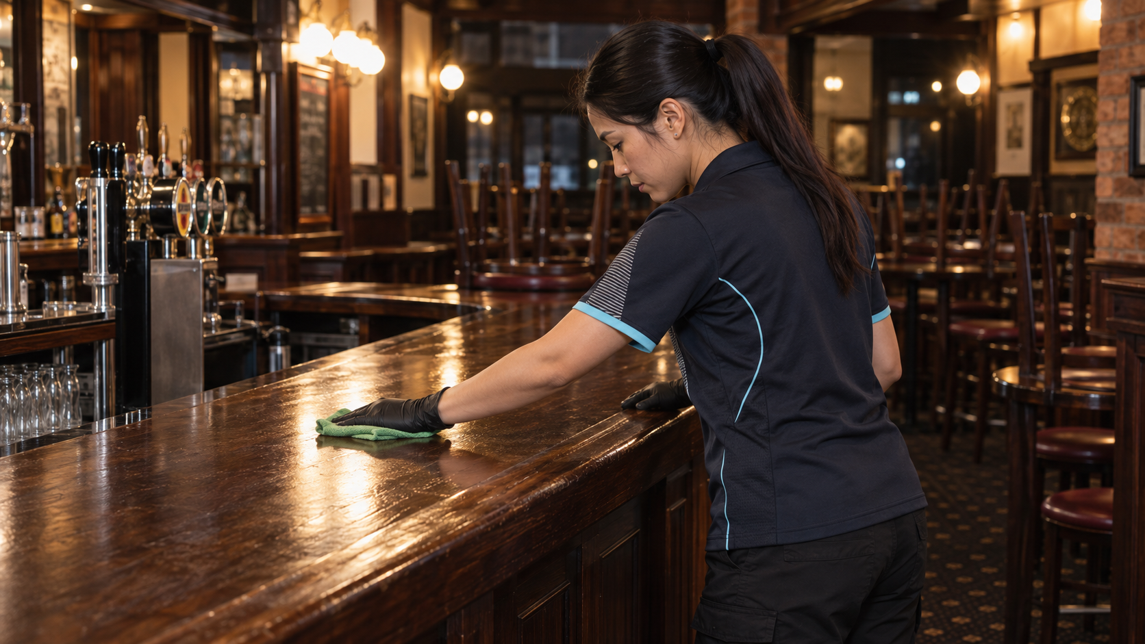 Cleaner wiping a restaurant bar counter with a green cloth
