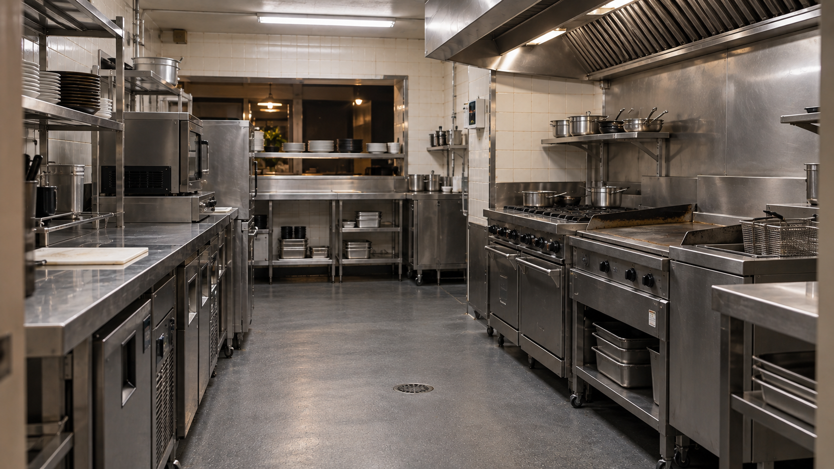 Empty commercial kitchen with stainless-steel benches and cooking equipment