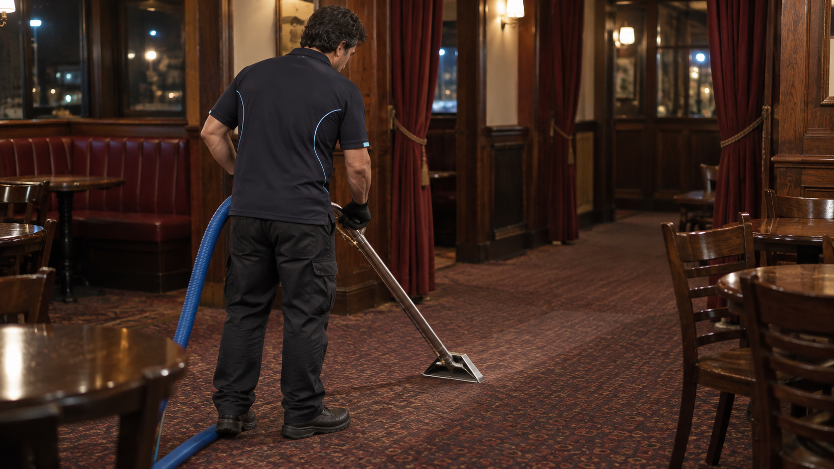 Cleaner extracting carpet in a restaurant dining area after hours