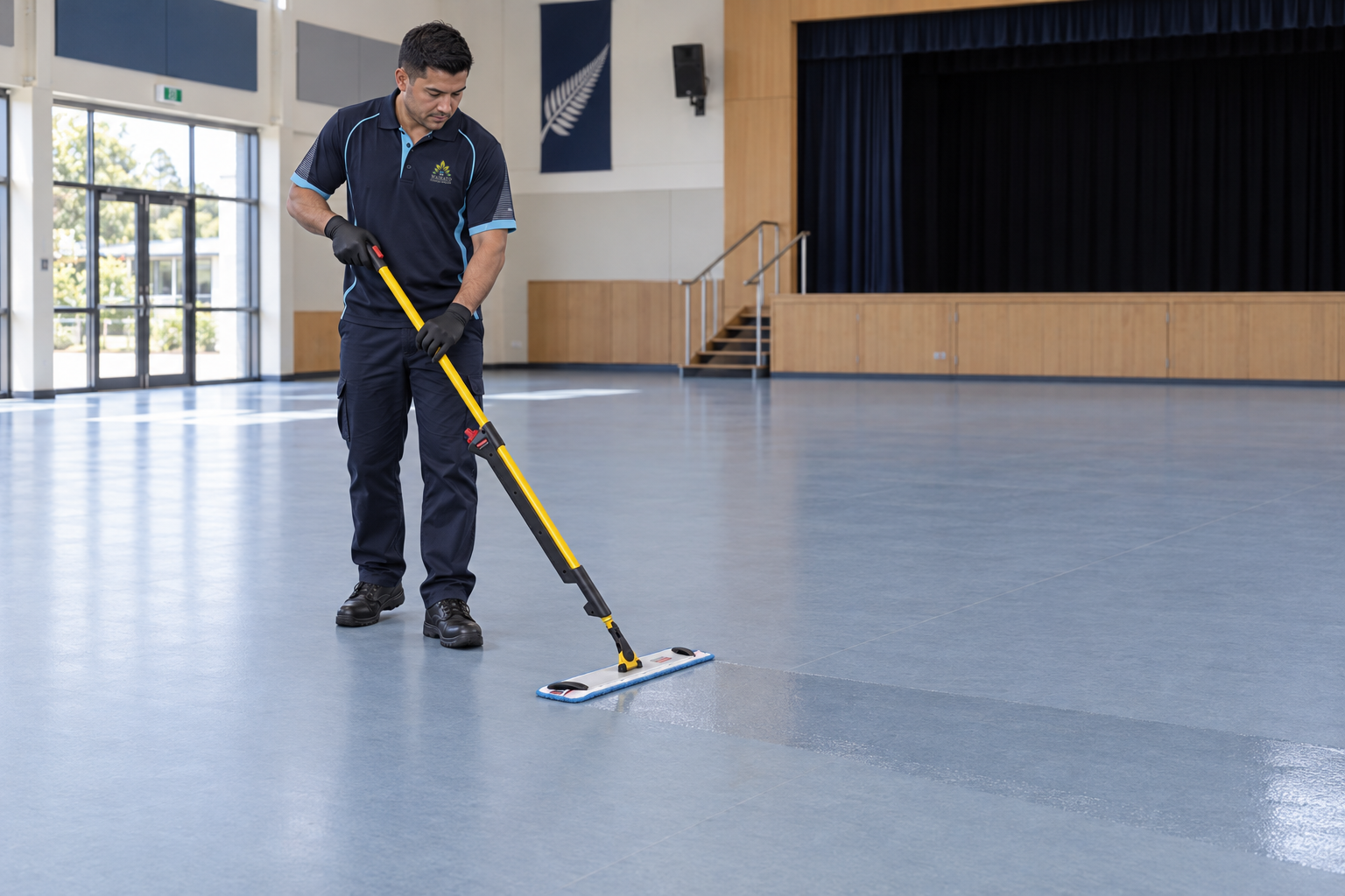 Cleaner operating a rotary machine during commercial floor restoration