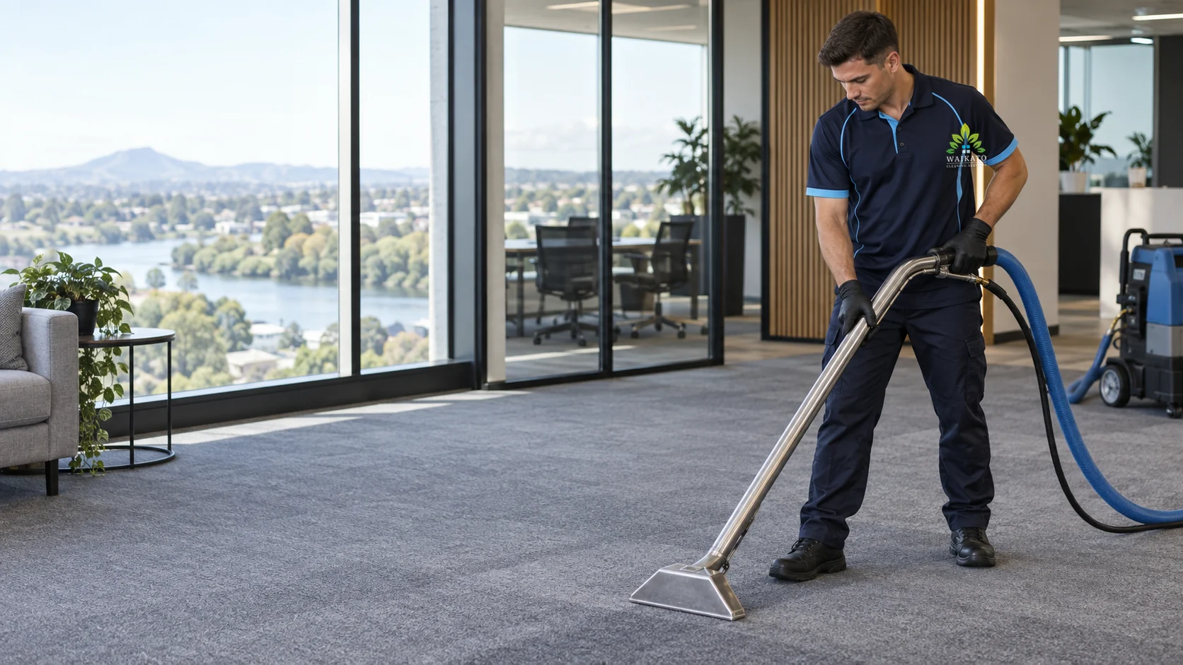 Waikato Cleaning Services cleaner using hot-water extraction equipment on office carpet