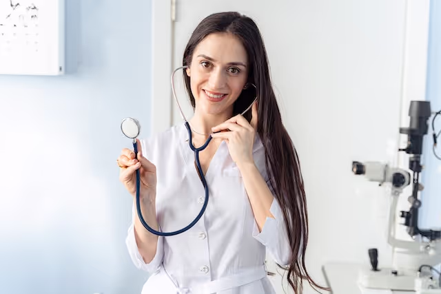 A woman holding a stethoscope 