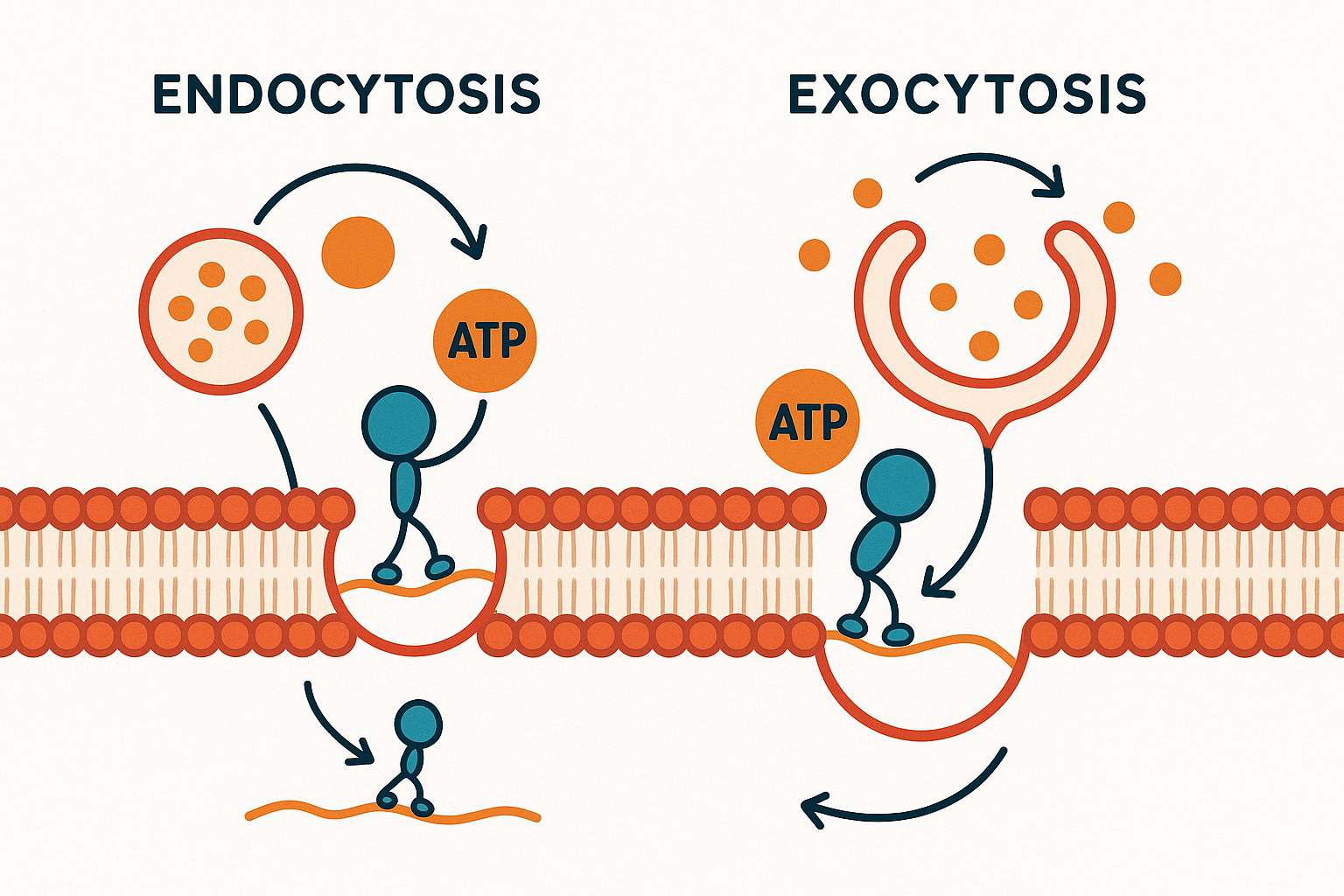 Diagram showing endocytosis (vesicle budding inward) and exocytosis (vesicle fusing outward), with ATP labeled at motor protein steps.