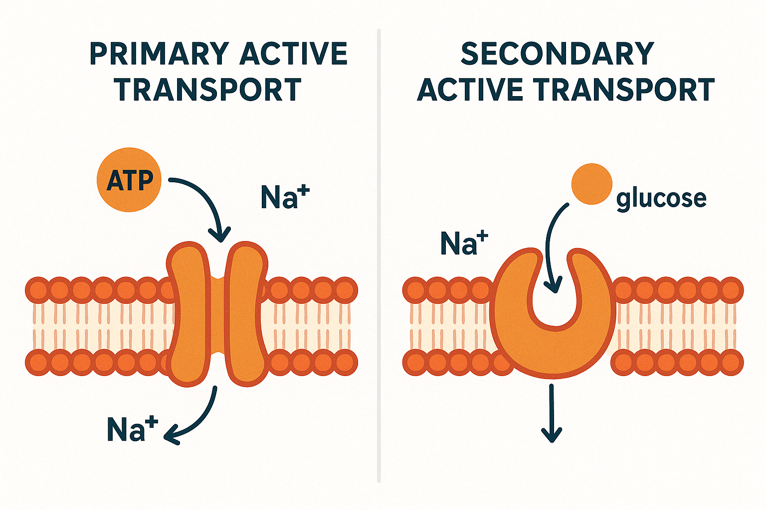 Side-by-side diagram of primary (Na⁺/K⁺ pump) vs. secondary (Na⁺/glucose cotransport) active transport.