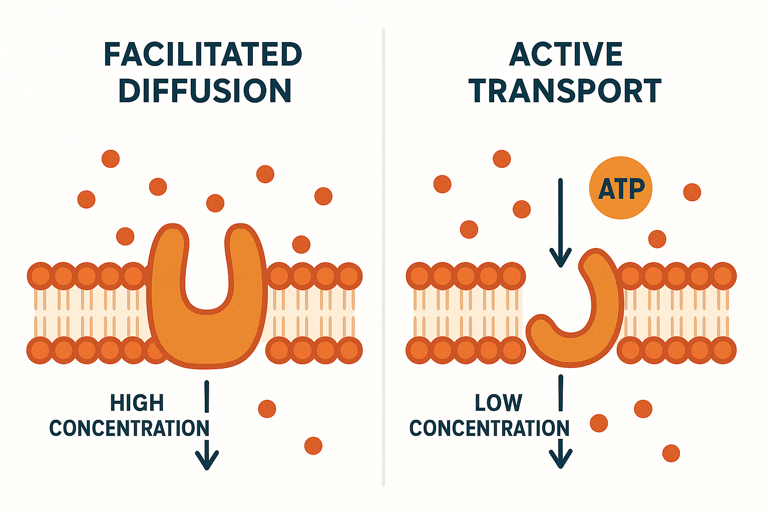 Schematic showing facilitated diffusion vs. active transport with/without ATP icons and arrows to show concentration gradients.
