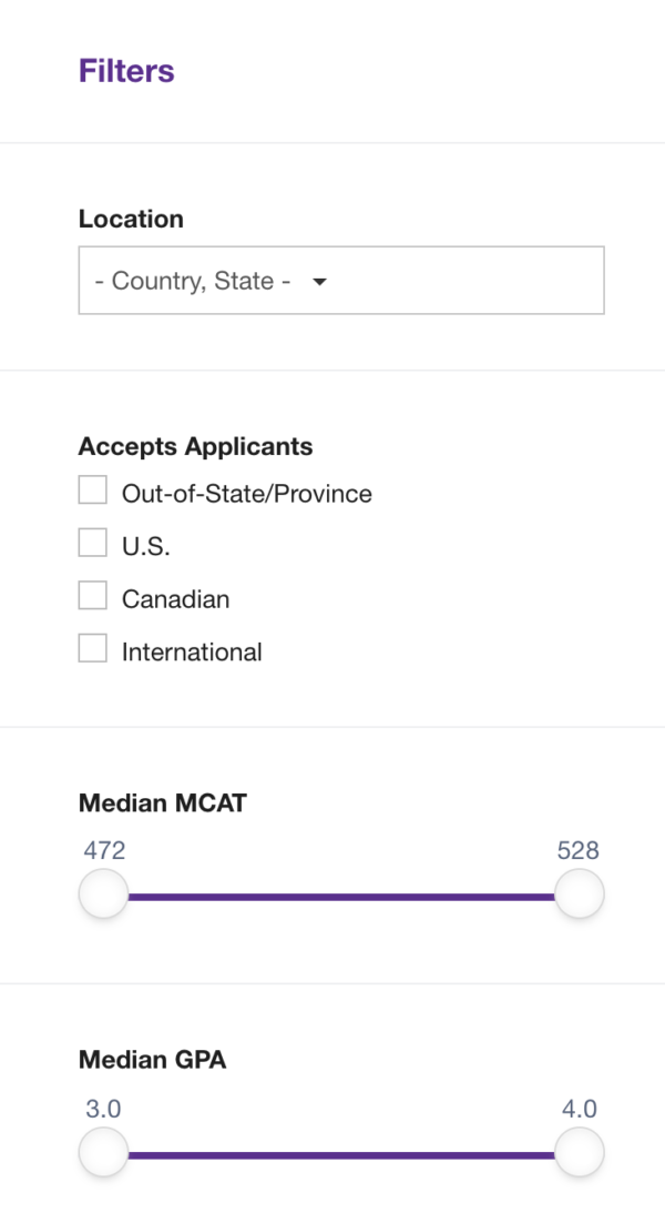 Screenshot of the MSAR's location, Median MCAT, and Median GPA filters which help you find the ideal med school program for you