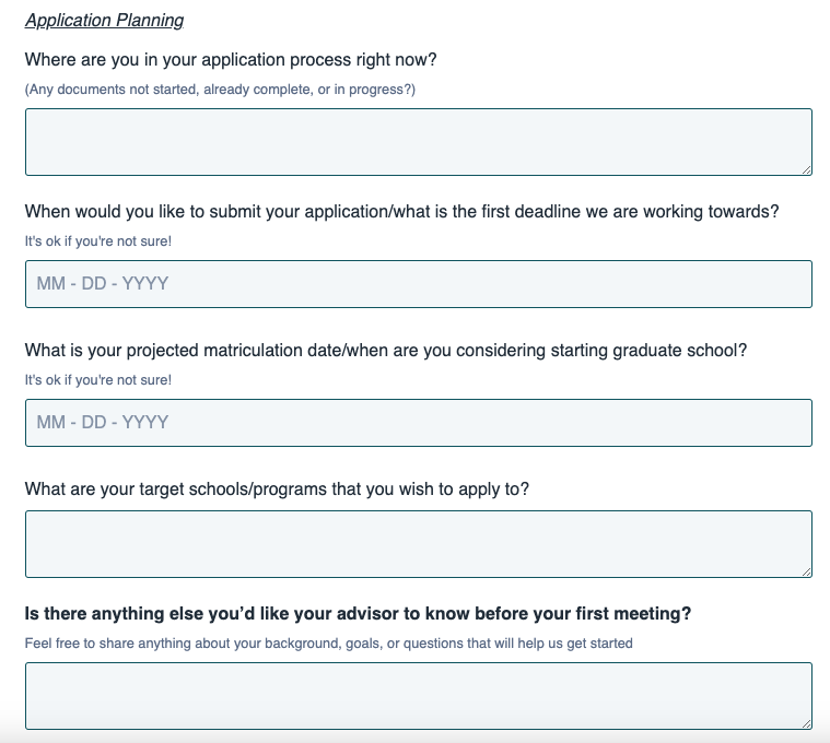 screenshot of Inspira Advantage's student onboarding questionnaire questions asking about their goals