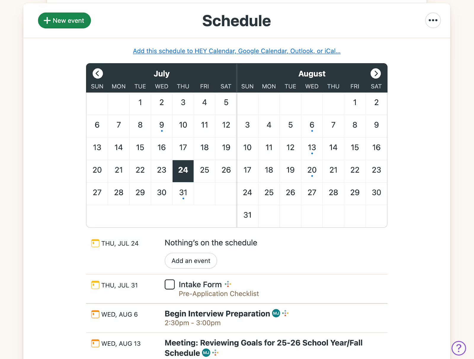 screenshot of Inspira Advantage's med school timeline tracking software