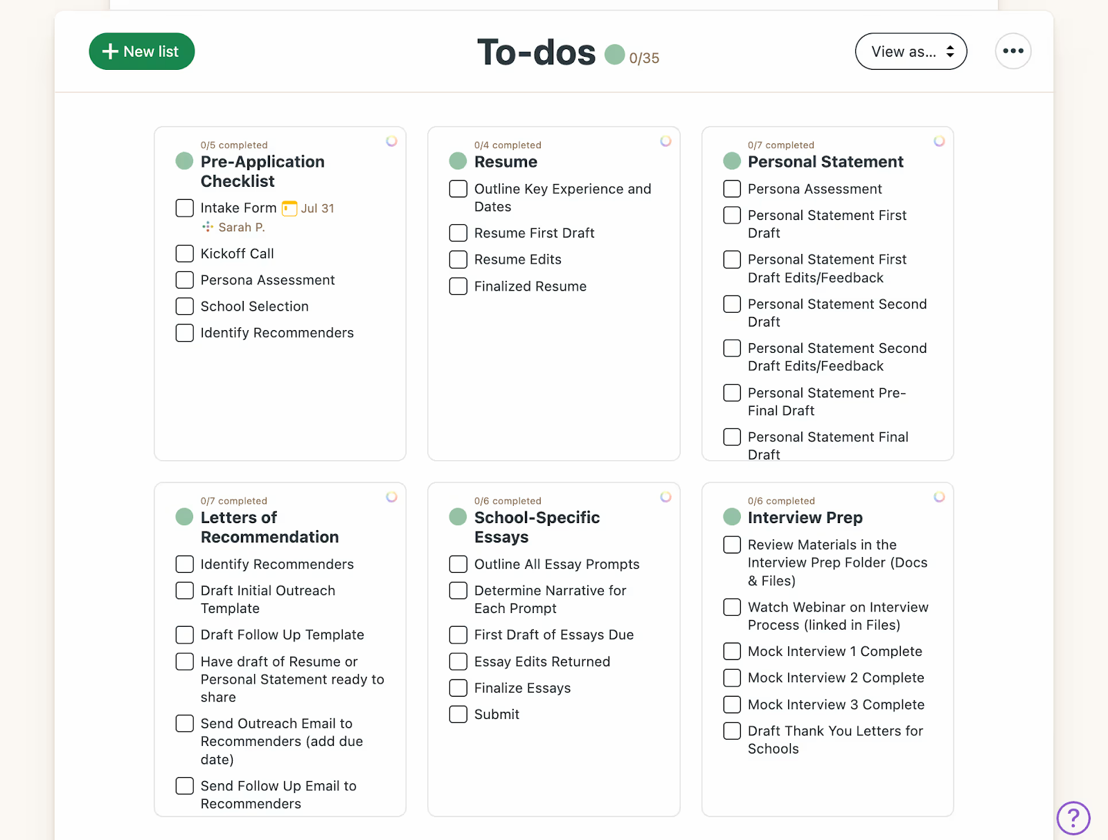 screenshot of Inspira Advantage's med school application tracker's to do list