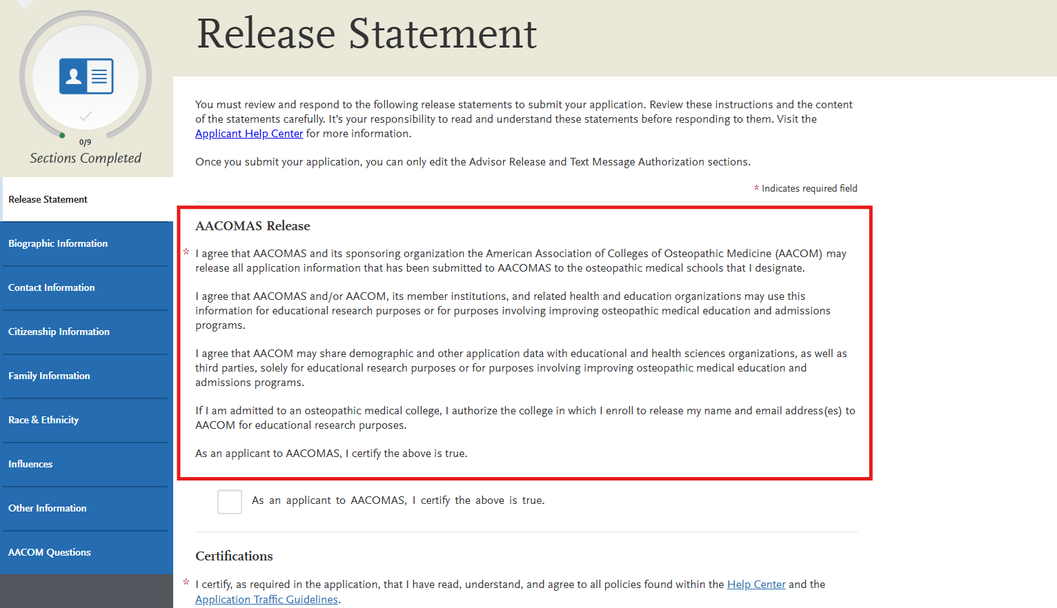 AACOMAS Release Statement subsection