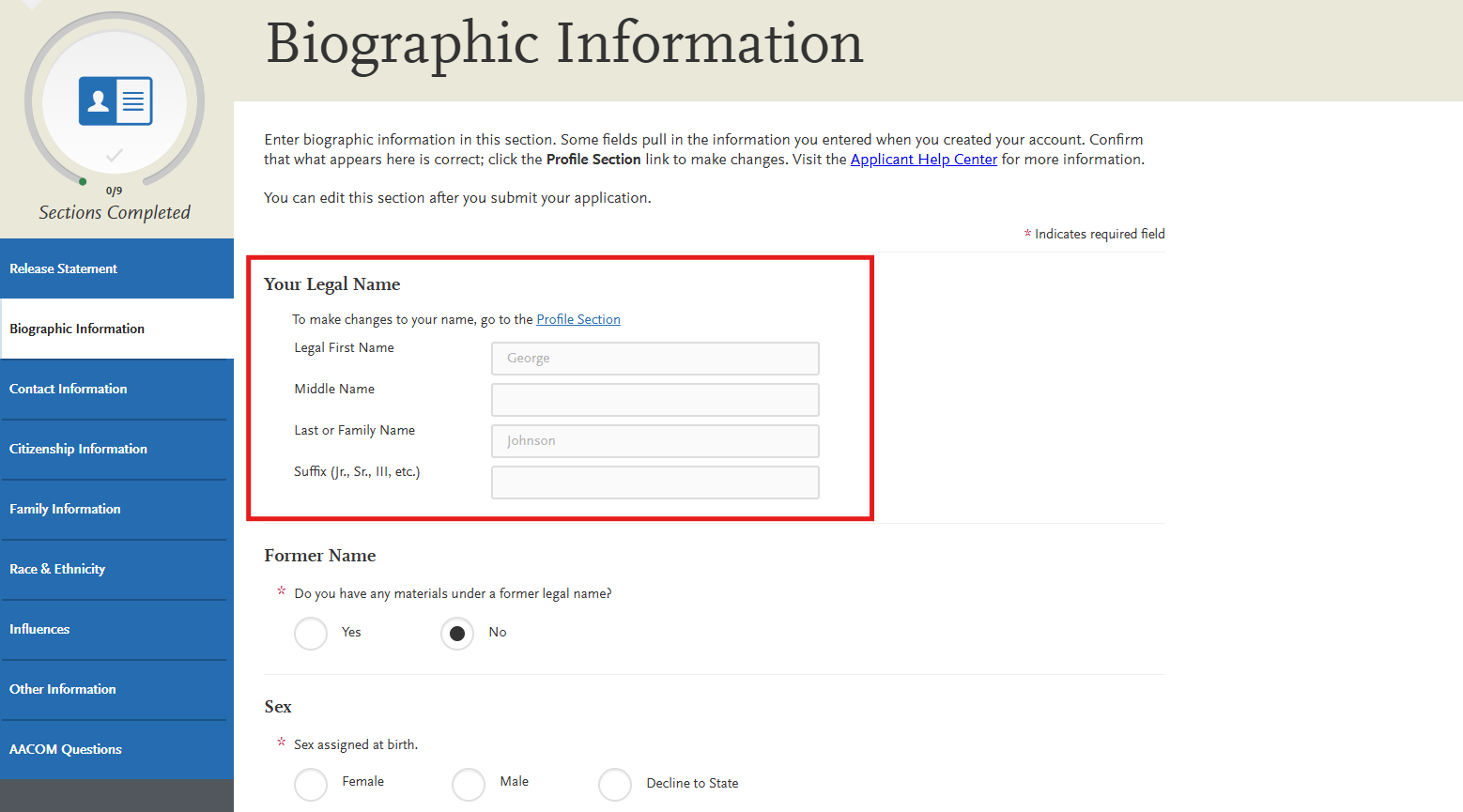 AACOMAS Biographical Information subsection