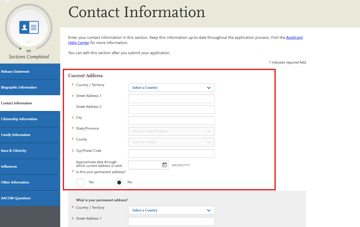 AACOMAS Contact Information subsection