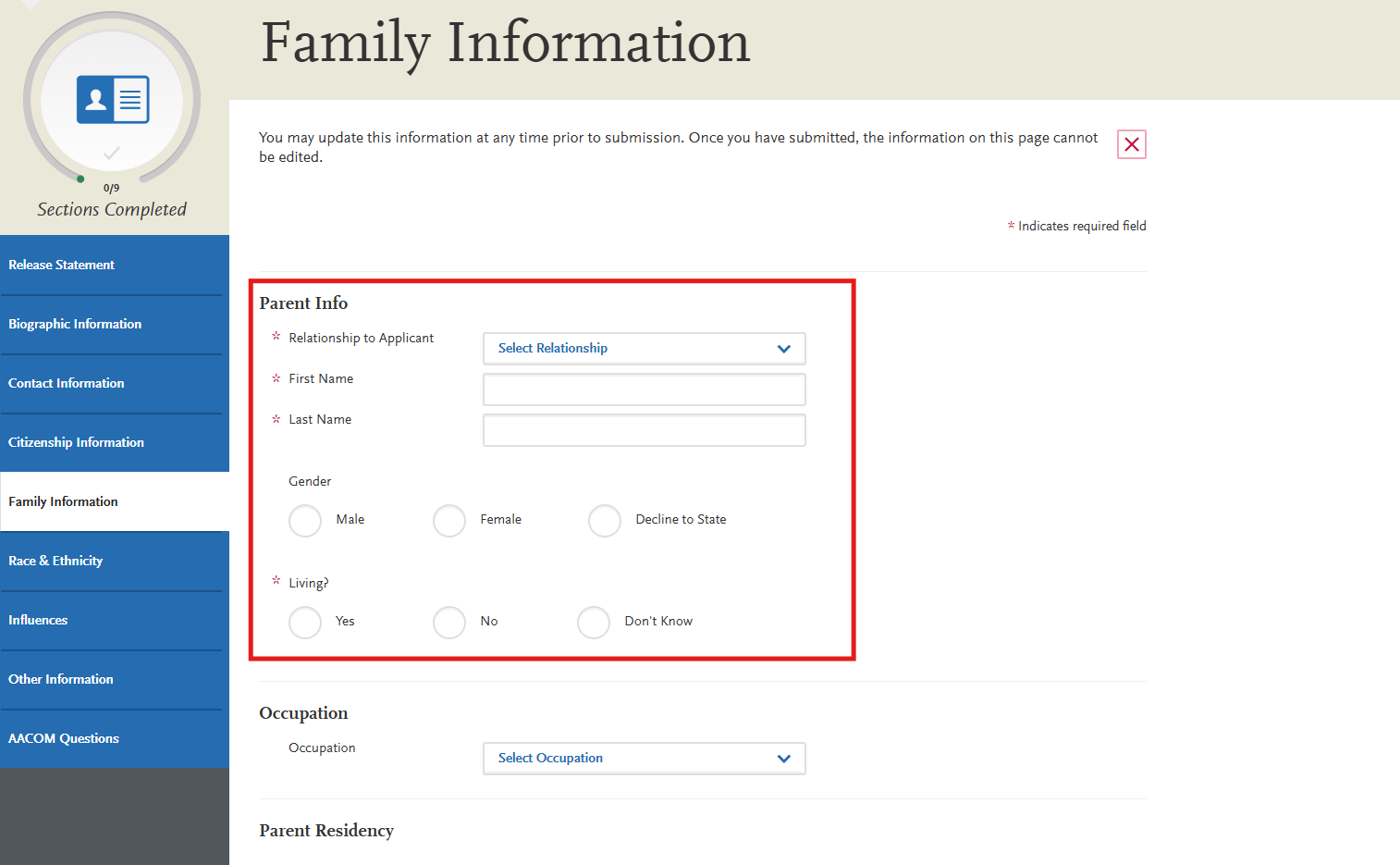AACOMAS Family Information subsection