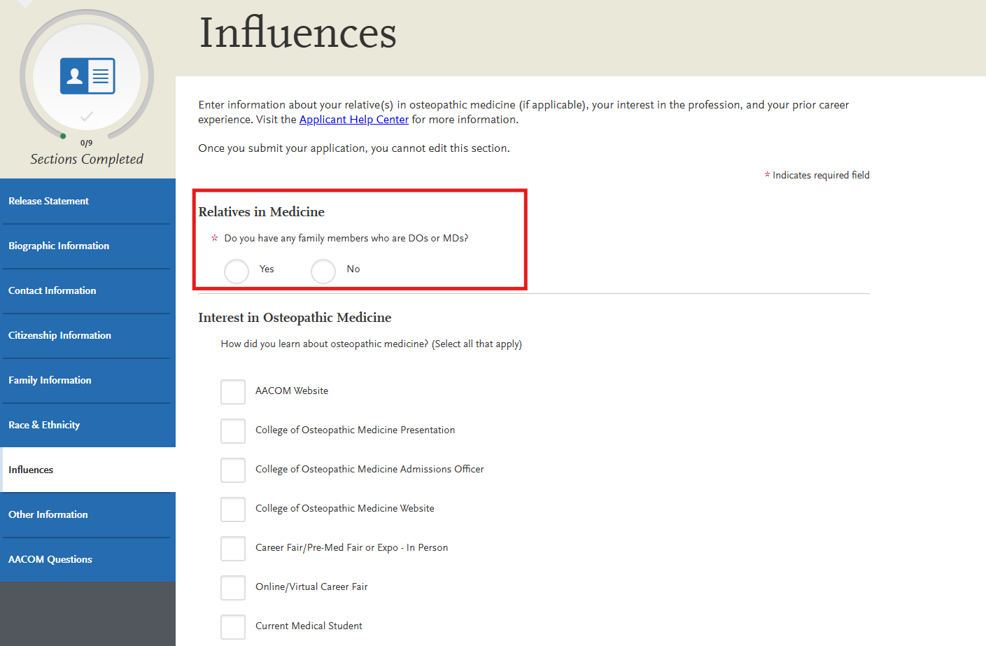 AACOMAS Influences subsection