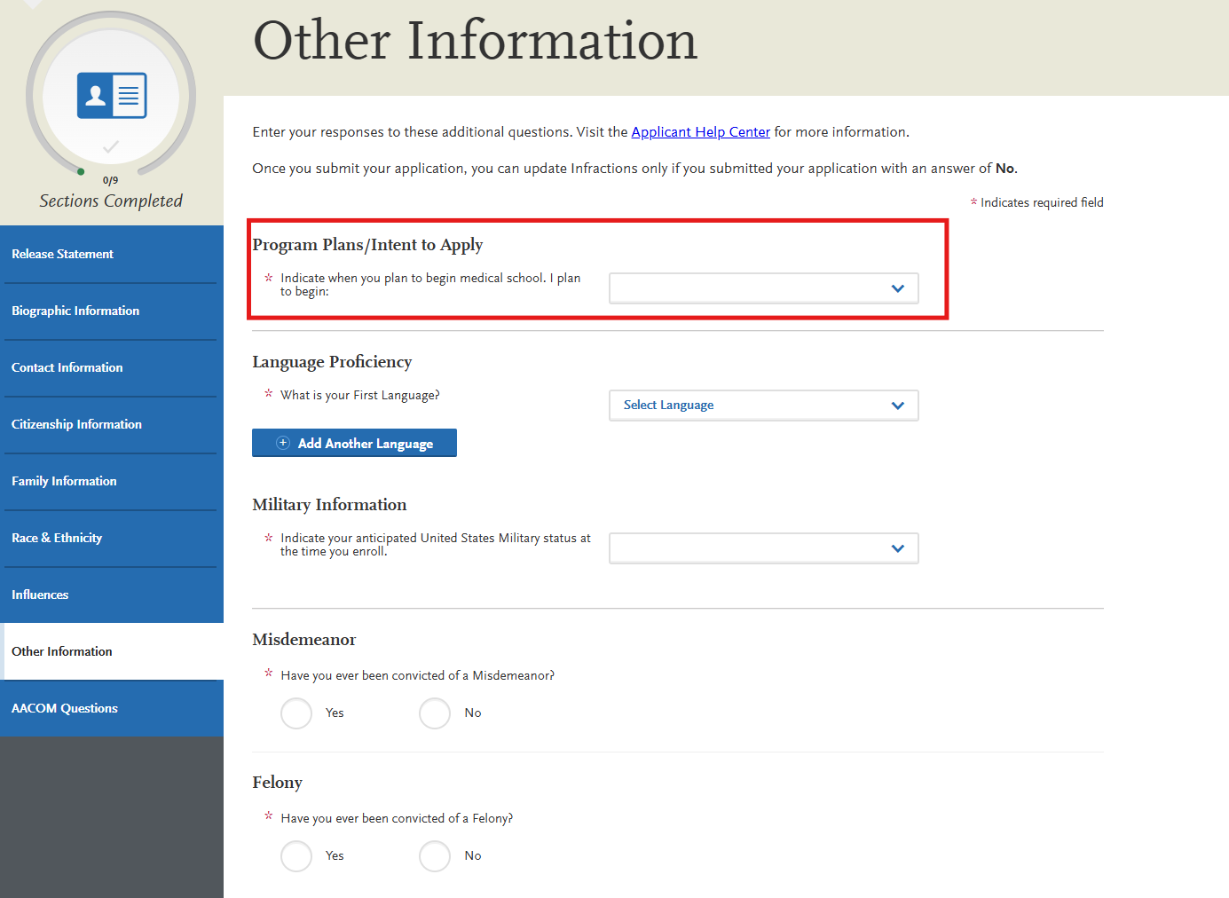 AACOMAS Other Information subsection