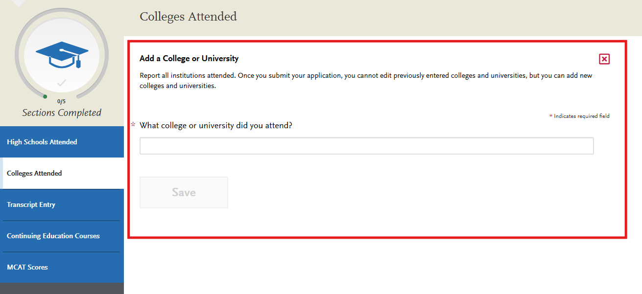 AACOMAS Colleges Attended subsection