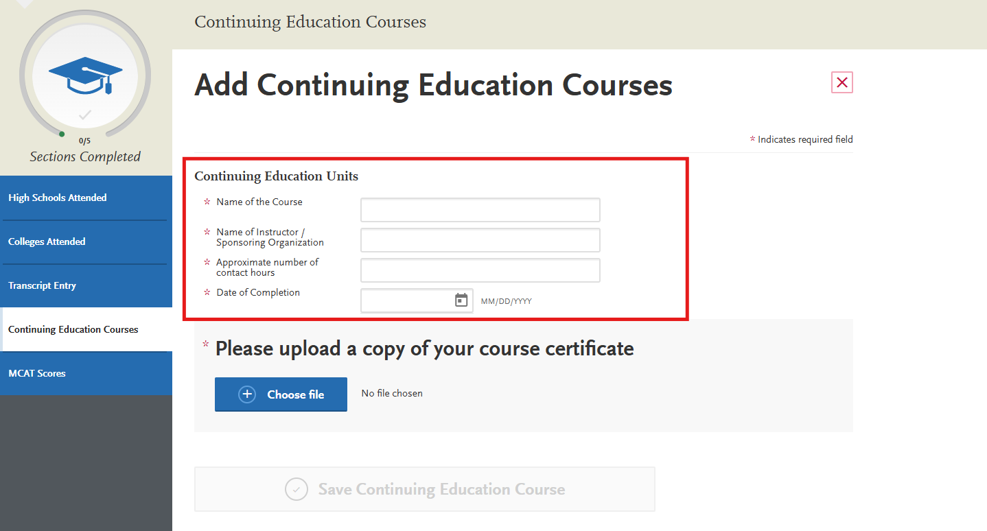 AACOMAS Continuing Education Courses subsection