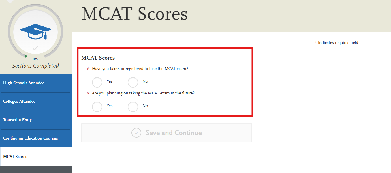 AACOMAS MCAT Scores subsection