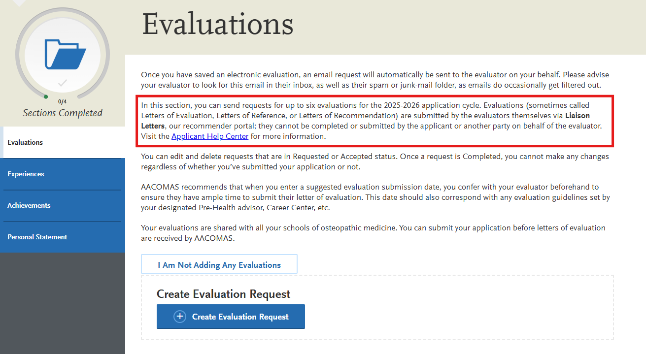 AACOMAS Evaluations subsection